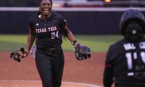NiJaree Canady runs to Victoria Valdez after the Texas Tech softball team defeated Arizona State 3-0 to clinch the Big 12 Conference title, Saturday, April 26, 2025, at Rocky Johnson Field.
