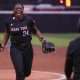 NiJaree Canady runs to Victoria Valdez after the Texas Tech softball team defeated Arizona State 3-0 to clinch the Big 12 Conference title, Saturday, April 26, 2025, at Rocky Johnson Field.
