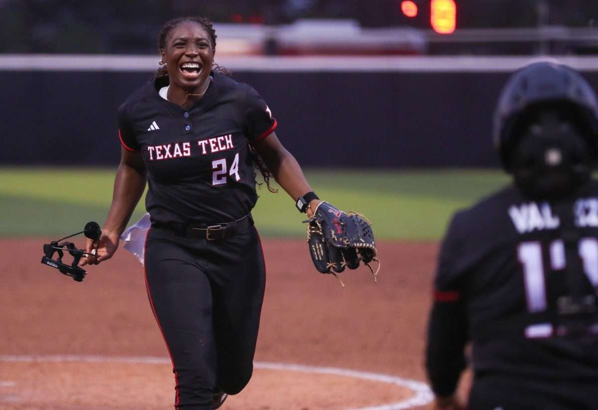 NiJaree Canady runs to Victoria Valdez after the Texas Tech softball team defeated Arizona State 3-0 to clinch the Big 12 Conference title, Saturday, April 26, 2025, at Rocky Johnson Field.