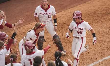 May 9, 2025; Athens, GA, USA; Oklahoma infielder Gabbie Garcia (42) reacts with teammates after hitting a walk off three run home run to defeat Arkansas at Jack Turner Softball Stadium. Mandatory Credit: Dale Zanine-Imagn Images