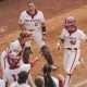 May 9, 2025; Athens, GA, USA; Oklahoma infielder Gabbie Garcia (42) reacts with teammates after hitting a walk off three run home run to defeat Arkansas at Jack Turner Softball Stadium. Mandatory Credit: Dale Zanine-Imagn Images
