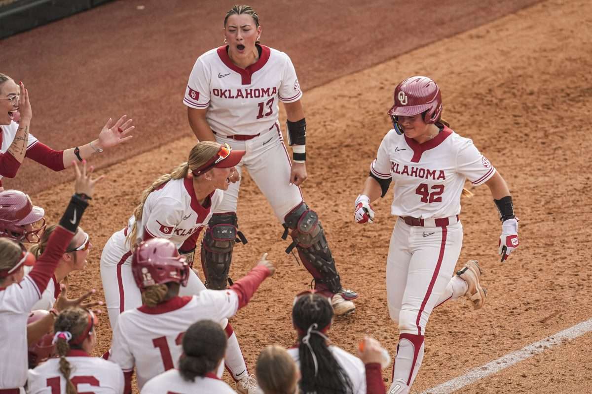 May 9, 2025; Athens, GA, USA; Oklahoma infielder Gabbie Garcia (42) reacts with teammates after hitting a walk off three run home run to defeat Arkansas at Jack Turner Softball Stadium. Mandatory Credit: Dale Zanine-Imagn Images