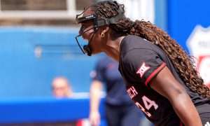 Texas Tech's NiJaree Canady (24) celebrates a strike out during the 2025 Phillips 66 Big 12 Softball Championship game between Arizona Wildcats and Texas Tech Red Raiders at Devon Park in Oklahoma City, Saturday, May, 10, 2025.