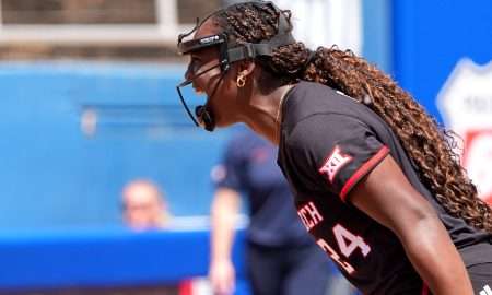 Texas Tech's NiJaree Canady (24) celebrates a strike out during the 2025 Phillips 66 Big 12 Softball Championship game between Arizona Wildcats and Texas Tech Red Raiders at Devon Park in Oklahoma City, Saturday, May, 10, 2025.