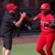 Texas Tech's NiJaree Canady high-fives head coach Gerry Glasco after hitting a home run against Brown during a game in the Lubbock Regional as part of the 2025 NCAA softball tournament, Friday, May 16, 2025, at Rocky Johnson Field.