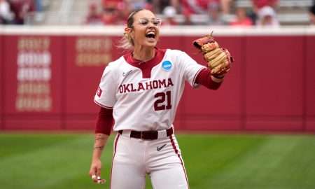 Oklahoma starting pitcher Sam Landry (21) celebrates after the final out of the first inning of a softball game in the Norman Regional of the NCAA Tournament between the University of Oklahoma Sooners (OU) and the California Golden Bears at Love's Field in Norman, Okla., Sunday, May 18, 2025.