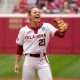 Oklahoma starting pitcher Sam Landry (21) celebrates after the final out of the first inning of a softball game in the Norman Regional of the NCAA Tournament between the University of Oklahoma Sooners (OU) and the California Golden Bears at Love's Field in Norman, Okla., Sunday, May 18, 2025.