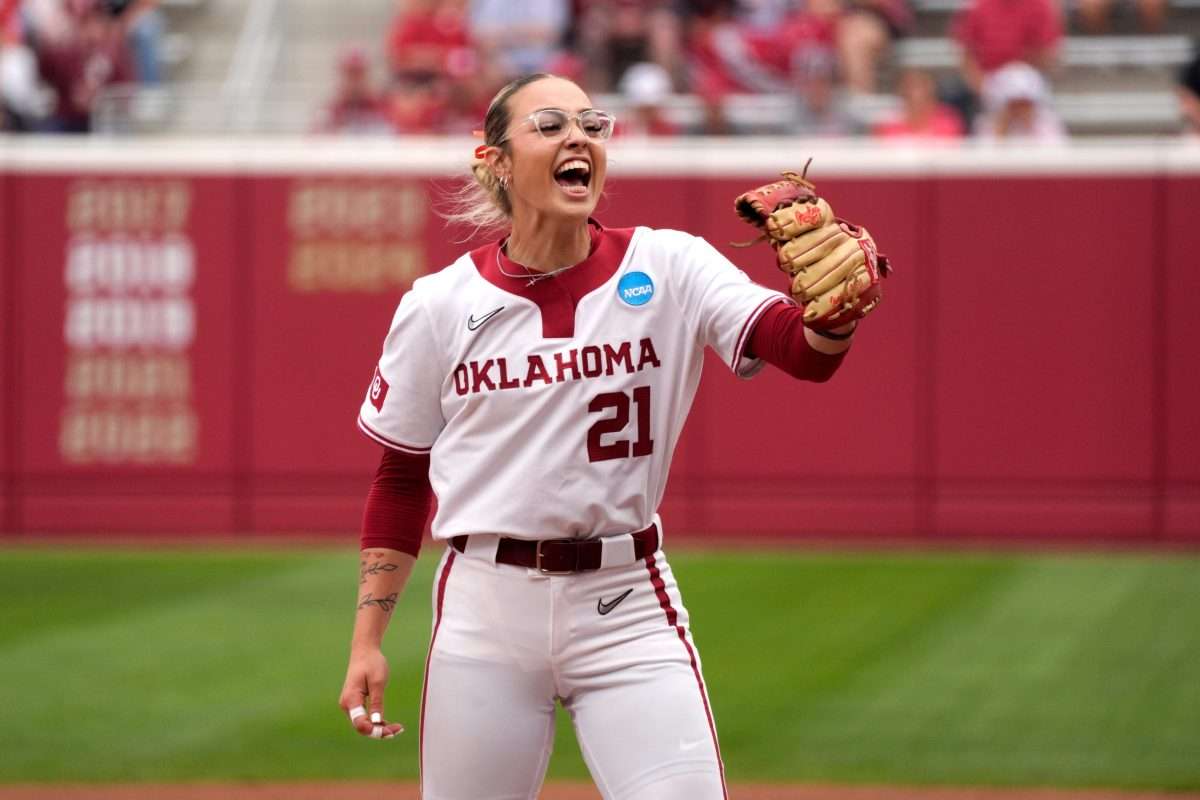 Oklahoma starting pitcher Sam Landry (21) celebrates after the final out of the first inning of a softball game in the Norman Regional of the NCAA Tournament between the University of Oklahoma Sooners (OU) and the California Golden Bears at Love's Field in Norman, Okla., Sunday, May 18, 2025.