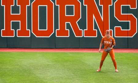Texas Longhorns outfielder Ashton Maloney (7) watches the batter during the NCAA D1 Softball Tournament Regional against UCF at Red and Charline McCombs Field on Sunday, May 18, 2025 in Austin, Texas.