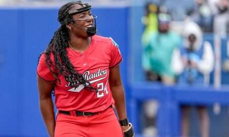 Texas Tech starting pitcher NiJaree Canady (24) celebrates a strickout in the first inning during game 3 between Texas Tech and Ole Miss at the Women’s College World Series at Devon Park in Oklahoma City, on Thursday, May 29, 2025.