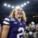 Dec 26, 2024; Phoenix, AZ, USA; Kansas State Wildcats quarterback Avery Johnson (2) celebrates after defeating the Rutgers Scarlet Knights during the Rate Bowl at Chase Field. Mandatory Credit: Mark J. Rebilas-Imagn Images