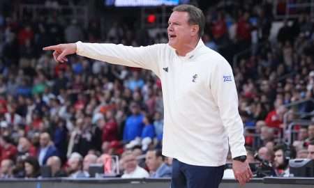Mar 20, 2025; Providence, RI, USA; Kansas Jayhawks head coach Bill Self reacts during the second half against the Arkansas Razorbacks at Amica Mutual Pavilion. Mandatory Credit: Gregory Fisher-Imagn Images