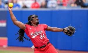 Texas Tech starting pitcher NiJaree Canady (24) pitches in the first inning during game 3 between Texas Tech and Ole Miss at the Women’s College World Series at Devon Park in Oklahoma City, on Thursday, May 29, 2025.