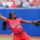 Texas Tech starting pitcher NiJaree Canady (24) pitches in the first inning during game 3 between Texas Tech and Ole Miss at the Women’s College World Series at Devon Park in Oklahoma City, on Thursday, May 29, 2025.