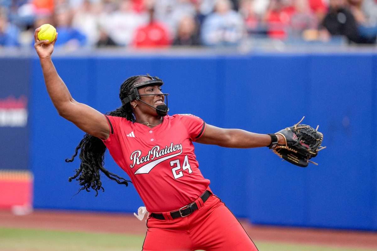 Texas Tech starting pitcher NiJaree Canady (24) pitches in the first inning during game 3 between Texas Tech and Ole Miss at the Women’s College World Series at Devon Park in Oklahoma City, on Thursday, May 29, 2025.