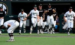 Wright State players celebrate after their win against Vanderbilt in a Nashville Regional NCAA Baseball Tournament elimination game at Hawkins Field Sunday, June 1, 2025, in Nashville, Tenn. Vanderbilt lost 5-4.
