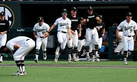 Wright State players celebrate after their win against Vanderbilt in a Nashville Regional NCAA Baseball Tournament elimination game at Hawkins Field Sunday, June 1, 2025, in Nashville, Tenn. Vanderbilt lost 5-4.