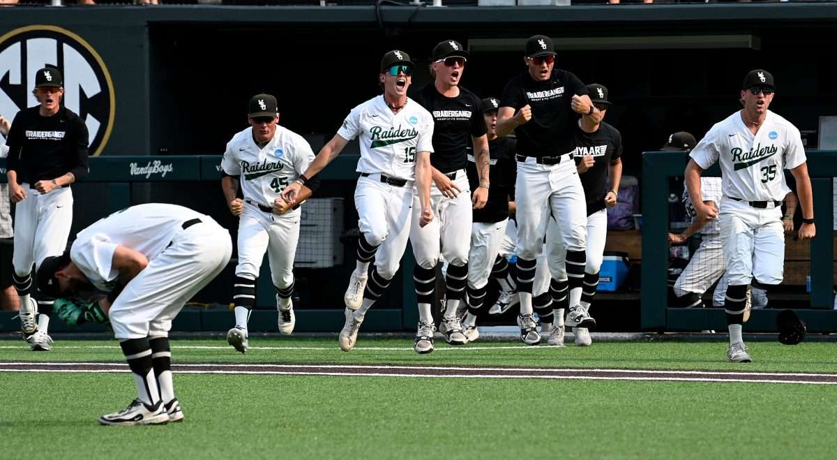 Wright State players celebrate after their win against Vanderbilt in a Nashville Regional NCAA Baseball Tournament elimination game at Hawkins Field Sunday, June 1, 2025, in Nashville, Tenn. Vanderbilt lost 5-4.