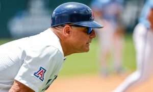 Jun 7, 2025; Chapel Hill, NC, USA; Arizona Head Coach Chip Hale looks on during the third inning of the Super Regionals game against North Carolina in Chapel Hill, North Carolina. Mandatory Credit: Jaylynn Nash-Imagn Images