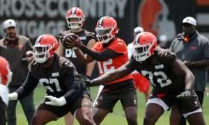 Browns quarterback Shedeur Sanders takes a snap during minicamp, Tuesday, June 10, 2025, in Berea.