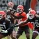 Browns quarterback Shedeur Sanders takes a snap during minicamp, Tuesday, June 10, 2025, in Berea.