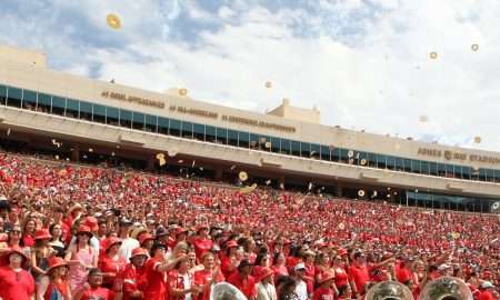 Sep 21, 2024; Lubbock, Texas, USA; The Texas Tech Red Raiders student body throw tortillas at kickoff of the game against the Arizona State Sun Devils at Jones AT&T Stadium and Cody Campbell Field. Mandatory Credit: Michael C. Johnson-Imagn Images