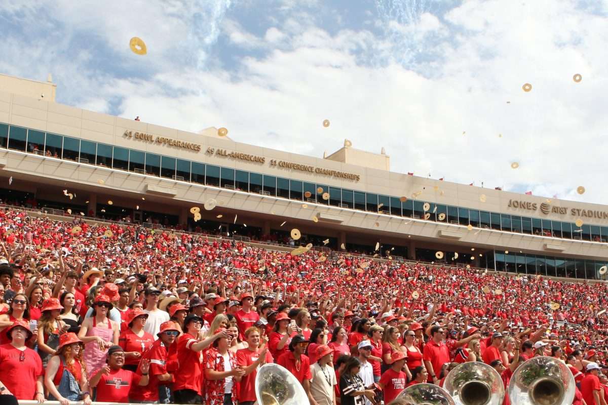 Sep 21, 2024; Lubbock, Texas, USA; The Texas Tech Red Raiders student body throw tortillas at kickoff of the game against the Arizona State Sun Devils at Jones AT&T Stadium and Cody Campbell Field. Mandatory Credit: Michael C. Johnson-Imagn Images