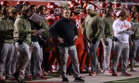 Nov 9, 2024; Salt Lake City, Utah, USA; Utah Utes head coach Kyle Whittingham takes a look at the scoreboard during the second quarter against the Brigham Young Cougars at Rice-Eccles Stadium. Mandatory Credit: Rob Gray-Imagn Images