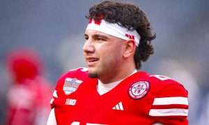 Dec 28, 2024; Bronx, NY, USA; Nebraska Cornhuskers quarterback Dylan Raiola (15) looks on before the game against the Boston College Eagles at Yankee Stadium. Mandatory Credit: Vincent Carchietta-Imagn Images
