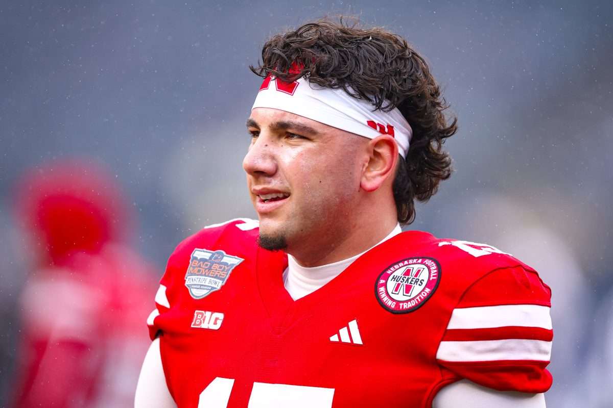 Dec 28, 2024; Bronx, NY, USA; Nebraska Cornhuskers quarterback Dylan Raiola (15) looks on before the game against the Boston College Eagles at Yankee Stadium. Mandatory Credit: Vincent Carchietta-Imagn Images