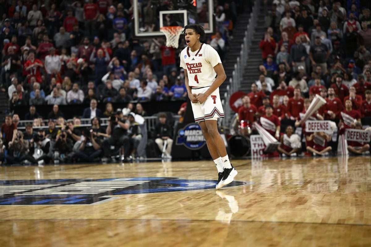 Mar 27, 2025; San Francisco, CA, USA; Texas Tech Red Raiders guard Christian Anderson (4) reacts after shooting a three point basket during the second half against the Arkansas Razorbacks during a West Regional semifinal of the 2025 NCAA tournament at Chase Center. Mandatory Credit: Eakin Howard-Imagn Images