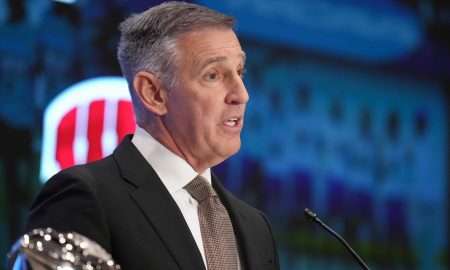 Jul 22, 2025; Las Vegas, NV, USA; Big Ten commissioner Tony Petitti speaks to the media during the Big Ten NCAA college football media days at Mandalay Bay Resort. Mandatory Credit: Lucas Peltier-Imagn Images