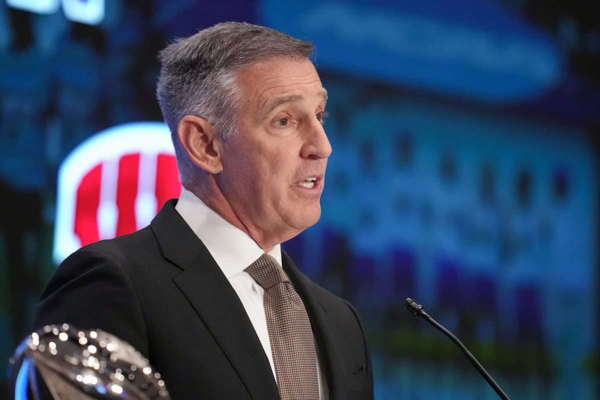 Jul 22, 2025; Las Vegas, NV, USA; Big Ten commissioner Tony Petitti speaks to the media during the Big Ten NCAA college football media days at Mandalay Bay Resort. Mandatory Credit: Lucas Peltier-Imagn Images