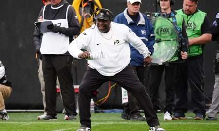 Nov 16, 2024; Boulder, Colorado, USA; Colorado Buffaloes senior quality control analyst Warren Sapp reacts to a play in the second half against the Utah Utes at Folsom Field. Mandatory Credit: Ron Chenoy-Imagn Images