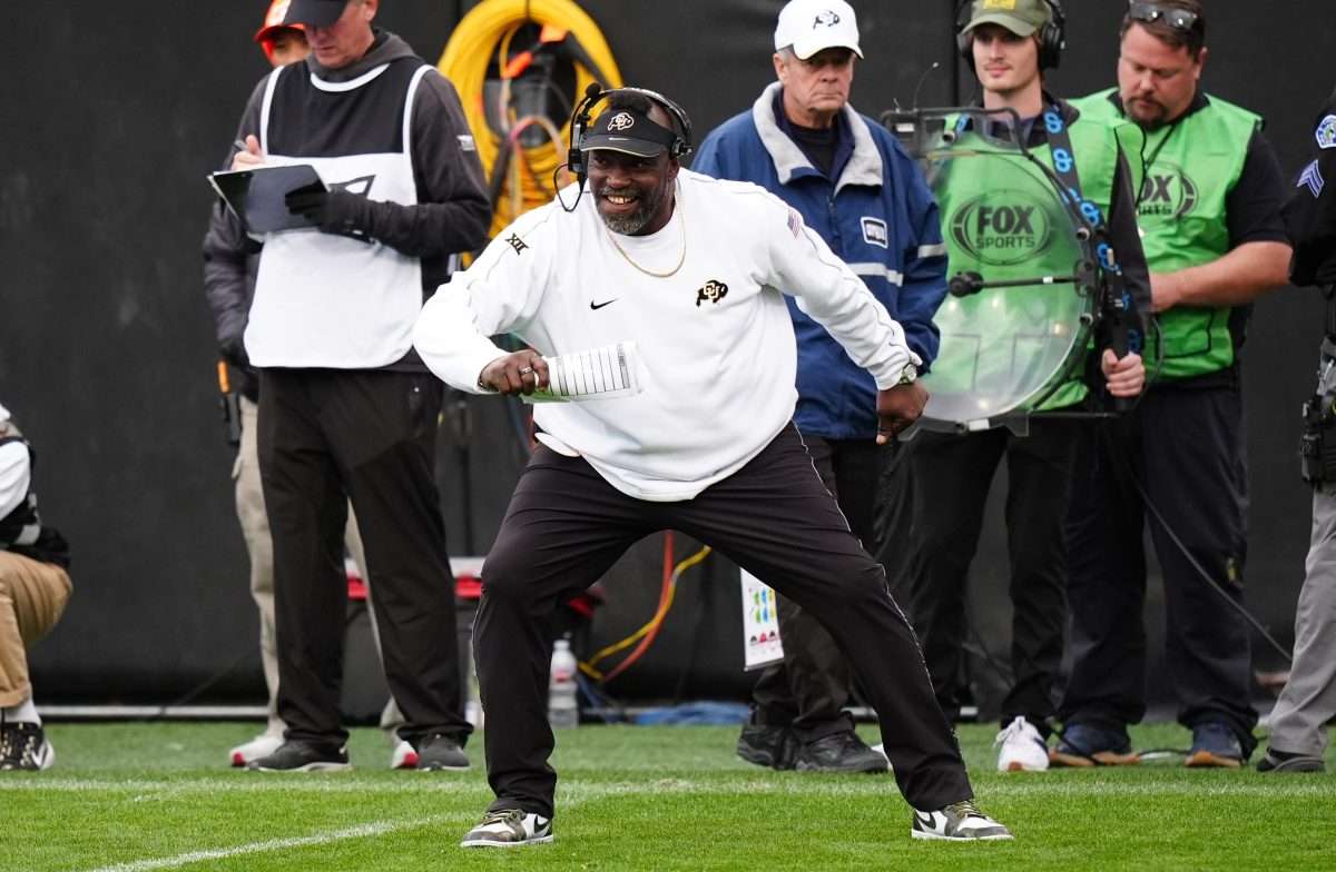 Nov 16, 2024; Boulder, Colorado, USA; Colorado Buffaloes senior quality control analyst Warren Sapp reacts to a play in the second half against the Utah Utes at Folsom Field. Mandatory Credit: Ron Chenoy-Imagn Images