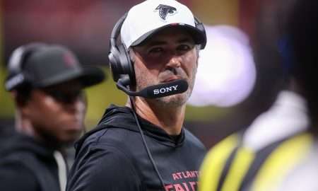 Aug 15, 2025; Atlanta, Georgia, USA; Atlanta Falcons offensive coordinator Zac Robinson against the Tennessee Titans in the first quarter at Mercedes-Benz Stadium. Mandatory Credit: Brett Davis-Imagn Images