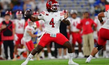 Aug 30, 2025; Pasadena, California, USA; Utah Utes quarterback Devon Dampier (4) throws against the against the UCLA Bruins during the first half at the Rose Bowl. Mandatory Credit: Gary A. Vasquez-Imagn Images