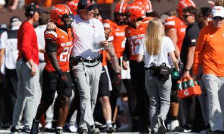 Sep 27, 2025; Stillwater, Oklahoma, USA; Oklahoma State Cowboys interim coach Doug Meacham on the sidelines during the first half against the Baylor Bears at Boone Pickens Stadium. Mandatory Credit: William Purnell-Imagn Images