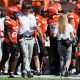 Sep 27, 2025; Stillwater, Oklahoma, USA; Oklahoma State Cowboys interim coach Doug Meacham on the sidelines during the first half against the Baylor Bears at Boone Pickens Stadium. Mandatory Credit: William Purnell-Imagn Images