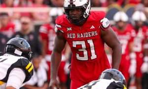 Texas Tech's David Bailey prepares to rush the Arkansas-Pine Bluff offene during a non-conference football game, Saturday, August 30, 2025, at Jones AT&T Stadium.