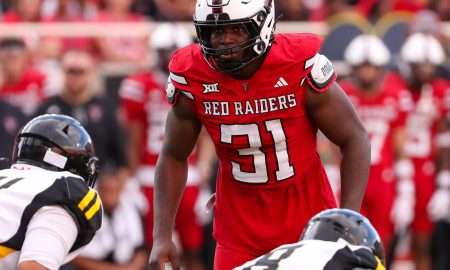 Texas Tech's David Bailey prepares to rush the Arkansas-Pine Bluff offene during a non-conference football game, Saturday, August 30, 2025, at Jones AT&T Stadium.