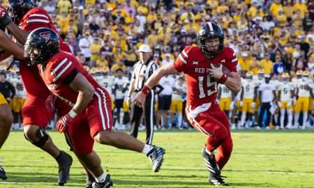 Oct 18, 2025; Tempe, Arizona, USA; Texas Tech Red Raiders quarterback Will Hammond (15) against the Arizona State Sun Devils at Mountain America Stadium. Mandatory Credit: Mark J. Rebilas-Imagn Images