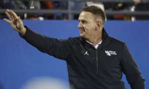 Dec 17, 2022; Frisco, Texas, USA; New North Texas Mean Green head coach Eric Morris reacts on the sidelines during a game against the Boise State Broncos at Toyota Stadium. Mandatory Credit: Tim Heitman-USA TODAY Sports