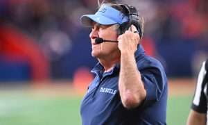 Oct 31, 2025; Syracuse, New York, USA; North Carolina Tar Heels head coach Bill Belichick looks to the clock in the fourth quarter game against the Syracuse Orange at the JMA Wireless Dome. Mandatory Credit: Mark Konezny-Imagn Images