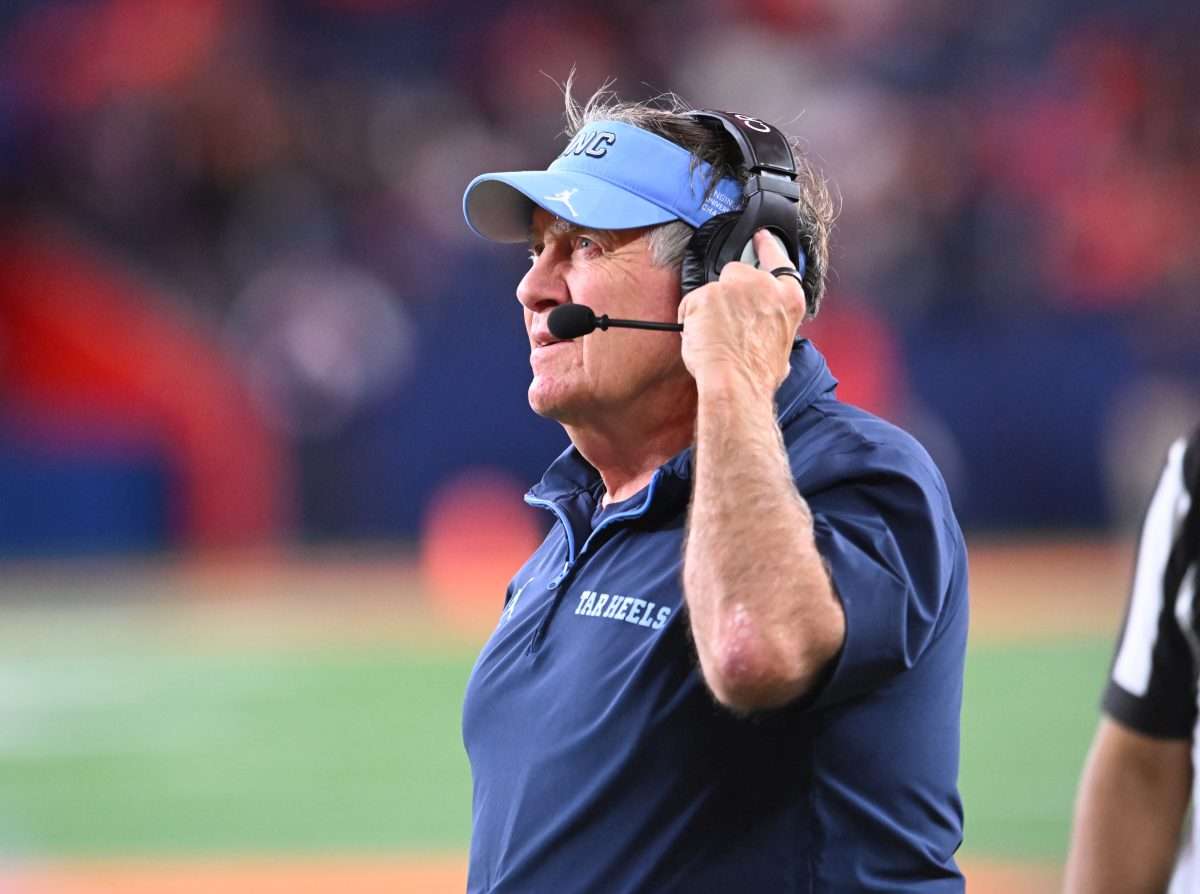 Oct 31, 2025; Syracuse, New York, USA; North Carolina Tar Heels head coach Bill Belichick looks to the clock in the fourth quarter game against the Syracuse Orange at the JMA Wireless Dome. Mandatory Credit: Mark Konezny-Imagn Images