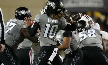 Nov 1, 2025; Boulder, Colorado, USA; Colorado Buffaloes quarterback Julian Lewis (10) prepares to pass the ball in the second half against the Arizona Wildcats at Folsom Field. Mandatory Credit: Ron Chenoy-Imagn Images