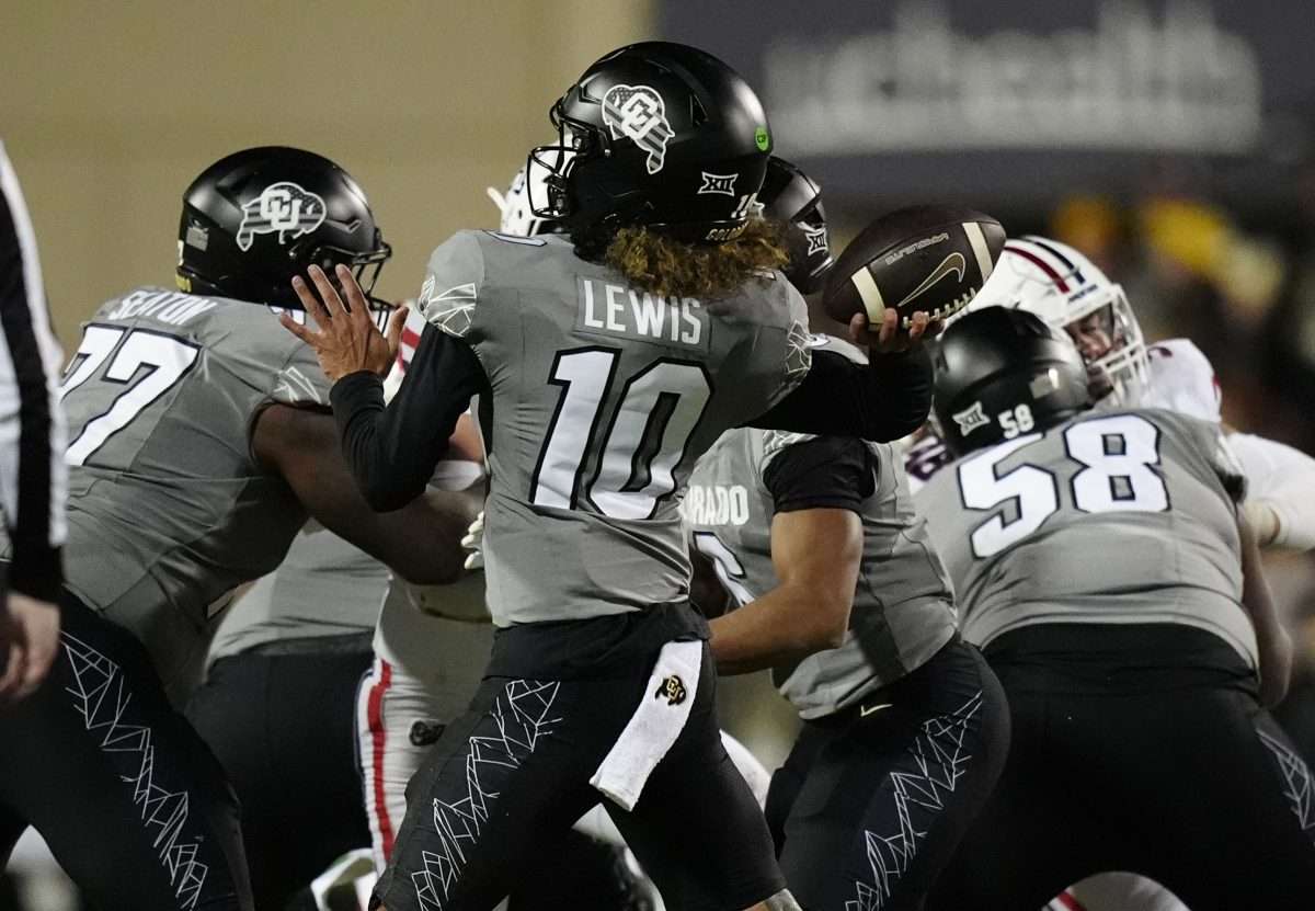 Nov 1, 2025; Boulder, Colorado, USA; Colorado Buffaloes quarterback Julian Lewis (10) prepares to pass the ball in the second half against the Arizona Wildcats at Folsom Field. Mandatory Credit: Ron Chenoy-Imagn Images