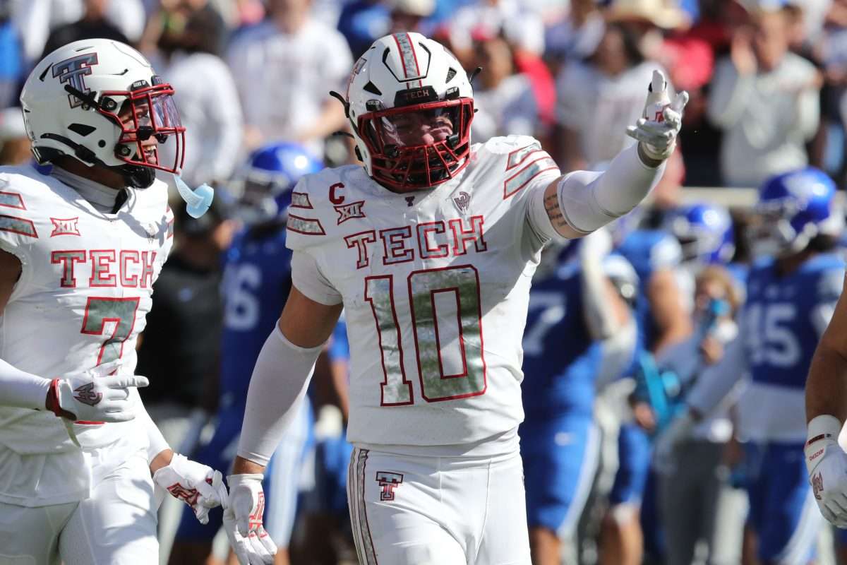 Nov 8, 2025; Lubbock, Texas, USA; Texas Tech Red Raiders defensive back Jacob Rodriguez (10) reacts after a play against the Brigham Young Cougars at Jones AT&T Stadium. Mandatory Credit: Michael C. Johnson-Imagn Images