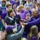 Nov 17, 2025; Manhattan, Kansas, USA; Kansas State Wildcats head coach Jerome Tang celebrates with students in the stands following a win against the Tulsa Golden Hurricane at Bramlage Coliseum. Mandatory Credit: Scott Sewell-Imagn Images