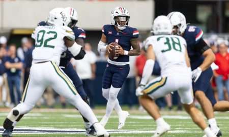 Nov 22, 2025; Tucson, Arizona, USA; Arizona Wildcats quarterback Noah Fifita (1) against the Baylor Bears in the first half at Casino Del Sol Stadium. Mandatory Credit: Mark J. Rebilas-Imagn Images